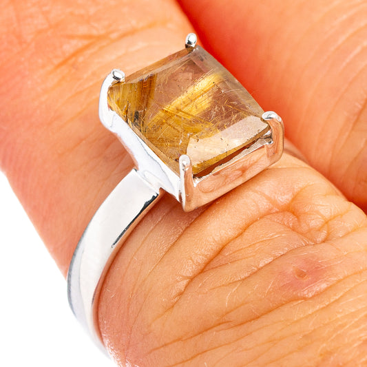 Sterling silver rutilated quartz ring with rectangular golden crystal setting