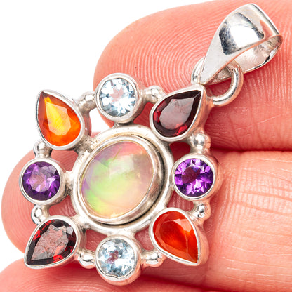 Rare Ethiopian Opal, Garnet, Amethyst, Blue Topaz Pendant 1 3/8" (925 Sterling Silver) P42740