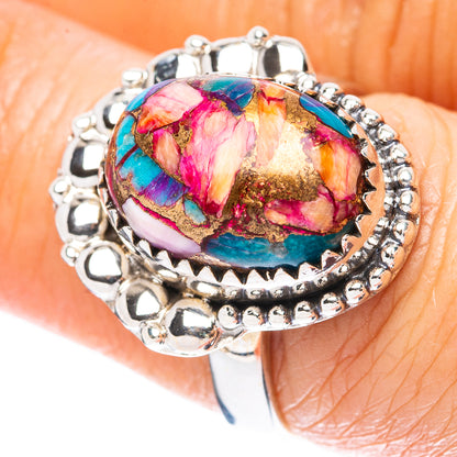 925 sterling silver ring with oval multicolor cabochon and ornate bead border