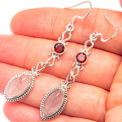Premium Rose Quartz, Garnet Earrings 2 1/4" (925 Sterling Silver) E432360
