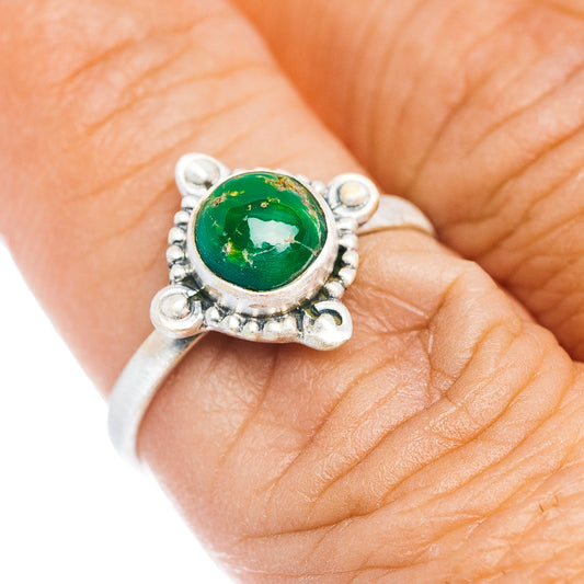 Oval green turquoise set sterling silver ring with southwestern border, size 7