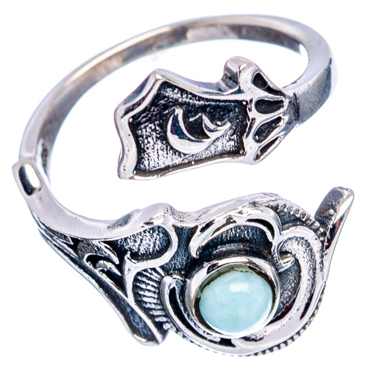Larimar adjustable sterling silver ring, round blue stone with ornate side band