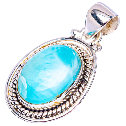 Sterling silver larimar pendant featuring oval light-blue stone, raised on bail