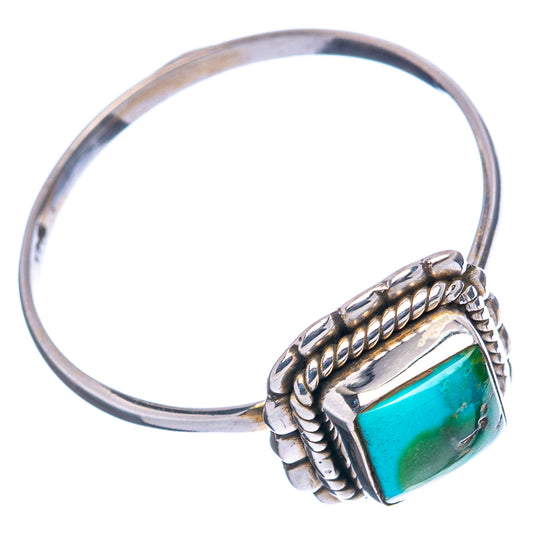 Dainty sterling silver ring with square turquoise stone, braided bezel; size 9