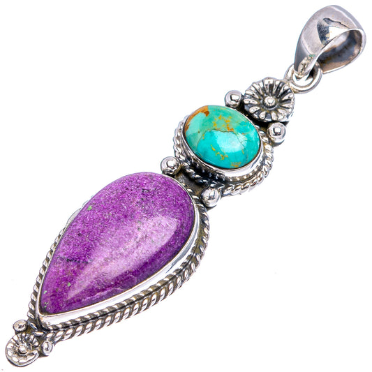 Sterling silver gemstone pendant with purple and turquoise oval cabochons, openwork bail