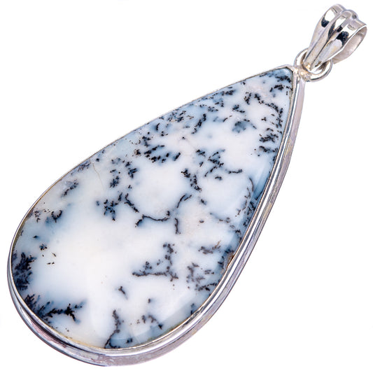 Dendritic agate teardrop pendant in sterling silver bezel, white stone with blue dendrites