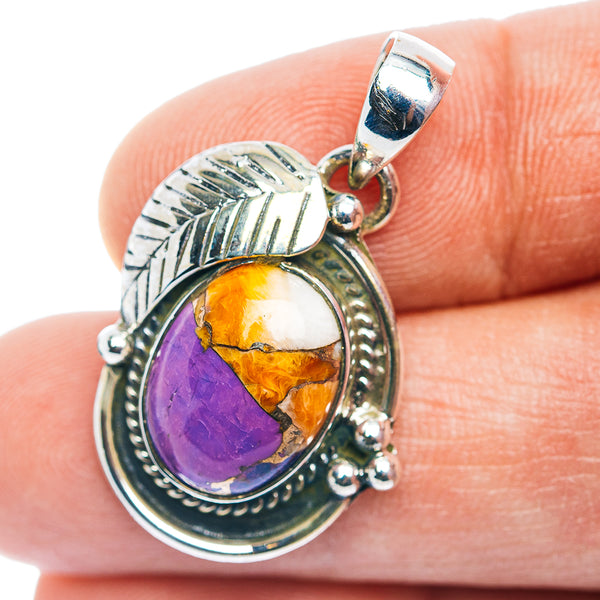 Southwestern Style Spiny Oyster Turquoise Pendant 1 1/4" (.925 Sterling Silver)