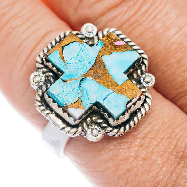 Exclusive Cotton Candy Turquoise Cross Ring Size 9 Adjustable (.925 Sterling Silver)