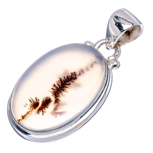 Oval dendritic agate pendant with .925 sterling silver bail and frame; pink stone with dark dendrites