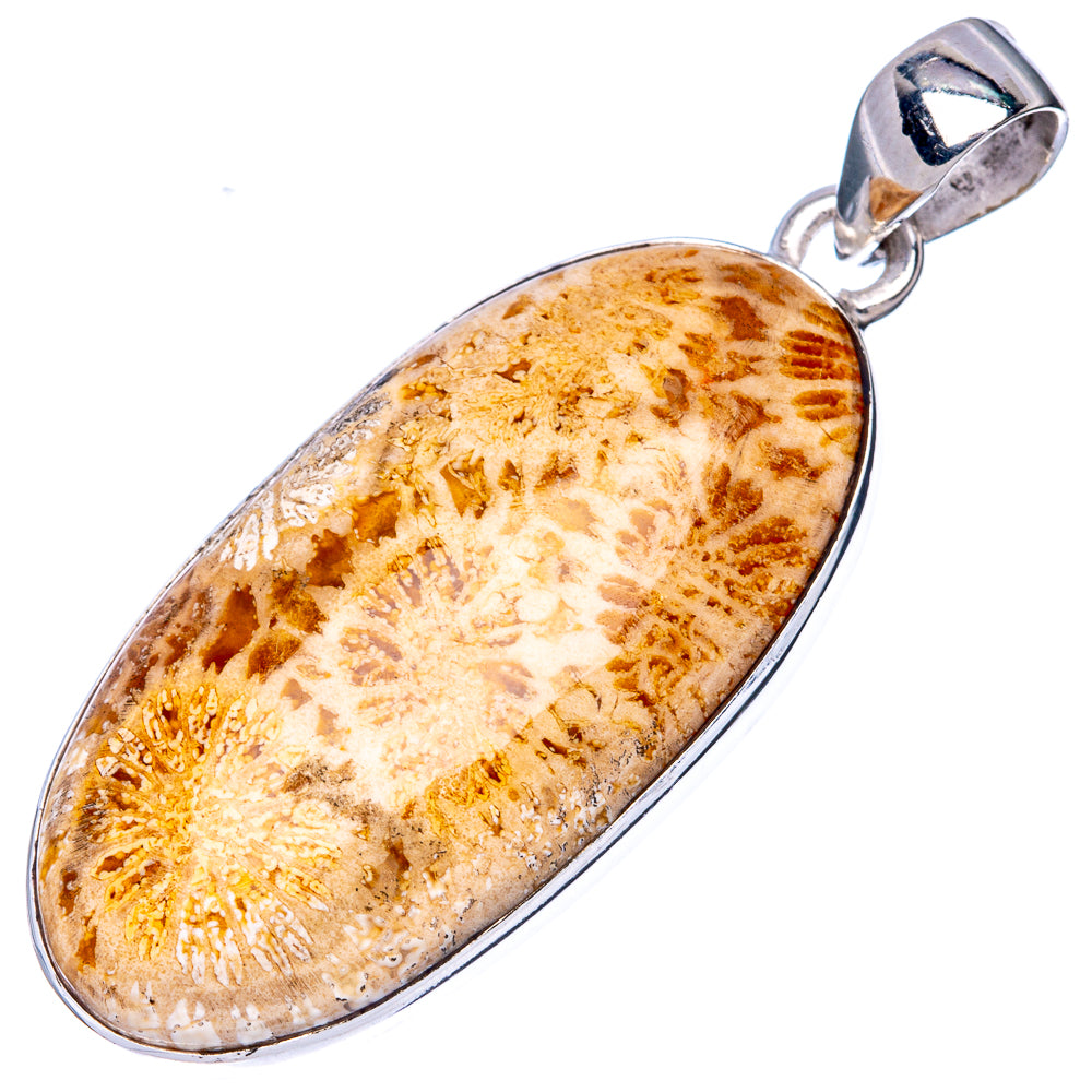 Sterling silver oval coral pendant with beige-and-gold marbled stone, angled front view