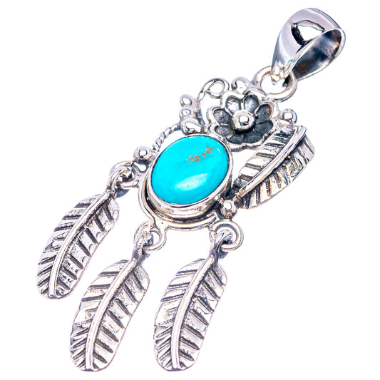 Sterling silver turquoise pendant with oval cabochon, feather drops, and loop bail