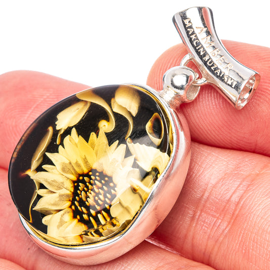Amber Intaglio Sunflower Pendant 1 1/2" (925 Sterling Silver) P42551