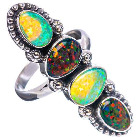 Sterling silver opal-style ring, four oval stones in blue-green, yellow, and red, size 10