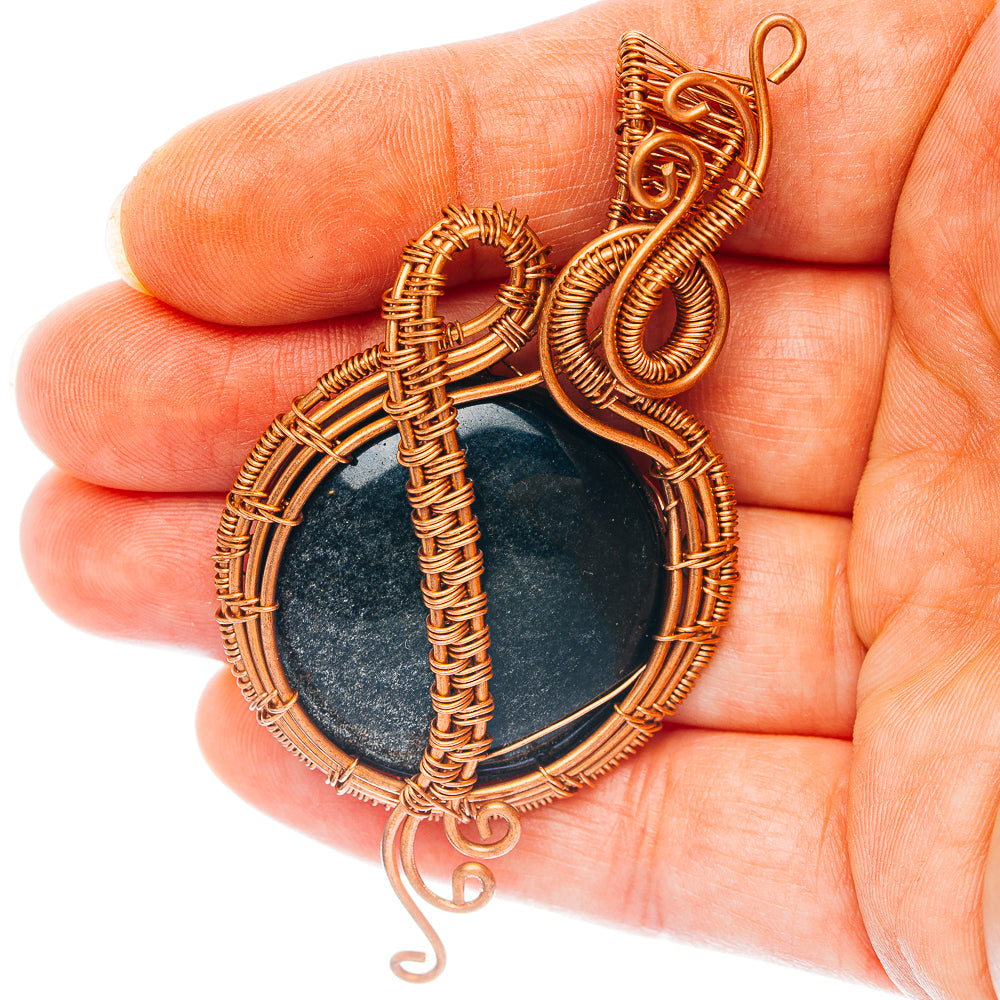 Golden Sheen Obsidian Wire Wrap Pendant 2 7/8" (Copper)