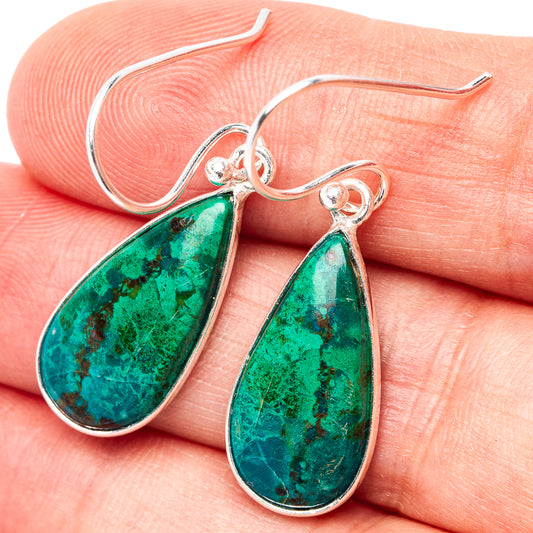 Sterling silver earrings with green chrysocolla teardrop dangle stones and hook backs