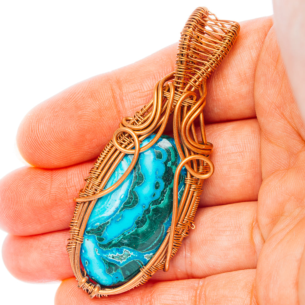 Malachite In Chrysocolla Wire Wrap Pendant 2 5/8" (Copper)