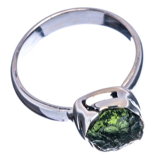 Sterling silver ring with green moldavite bezel and open band, size 6.75