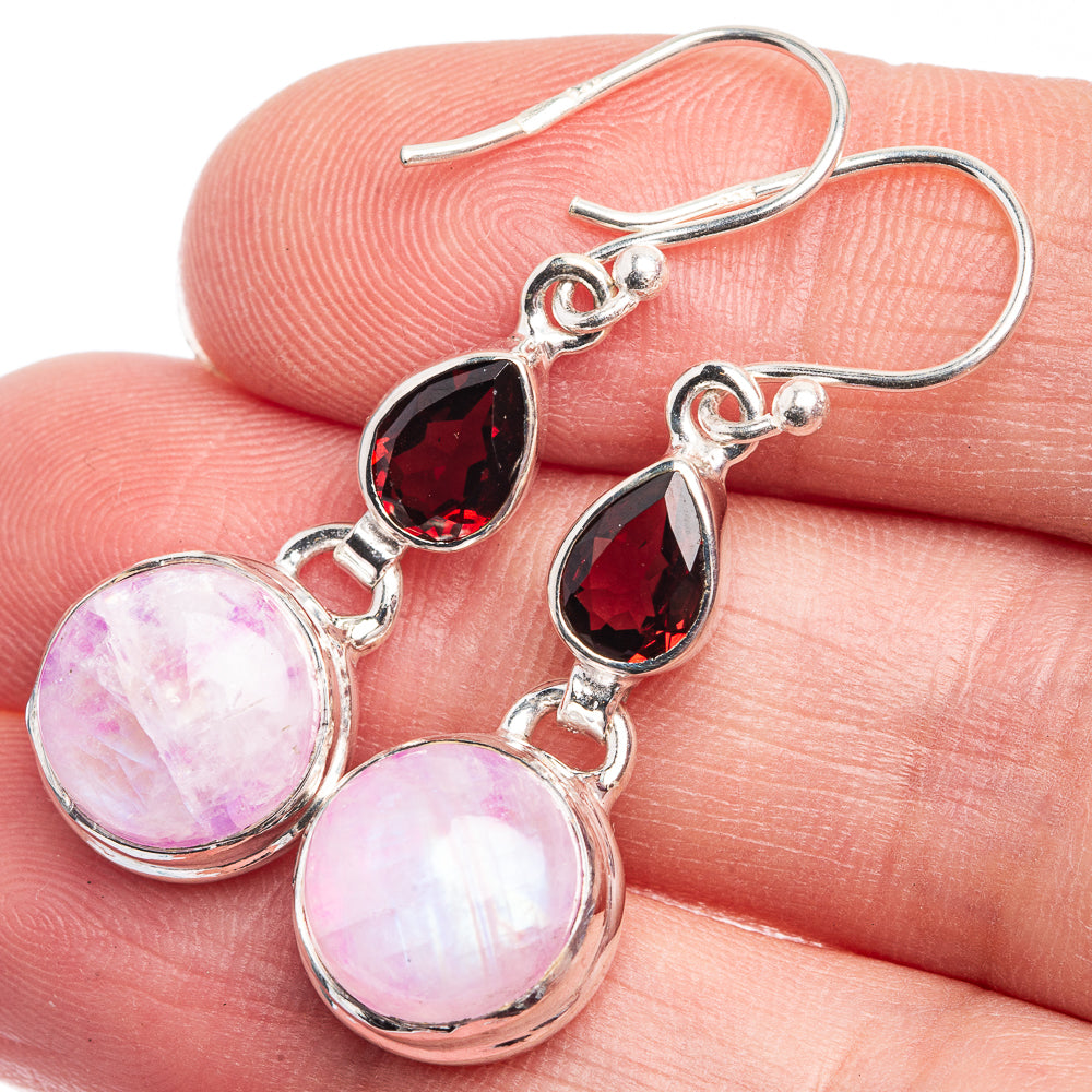 Pink Moonstone, Garnet Earrings 1 1/2" (925 Sterling Silver) E432434