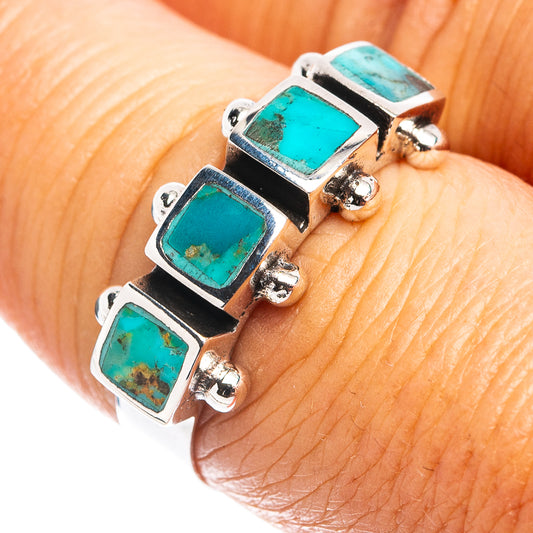 Turquoise inlaid sterling silver ring with three rectangular stones in square bezels
