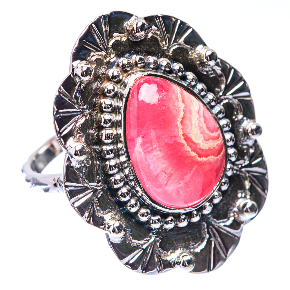 Sterling silver rhodochrosite ring with large oval pink cabochon and scalloped bezel