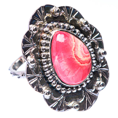 Sterling silver rhodochrosite ring with large oval pink cabochon and scalloped bezel