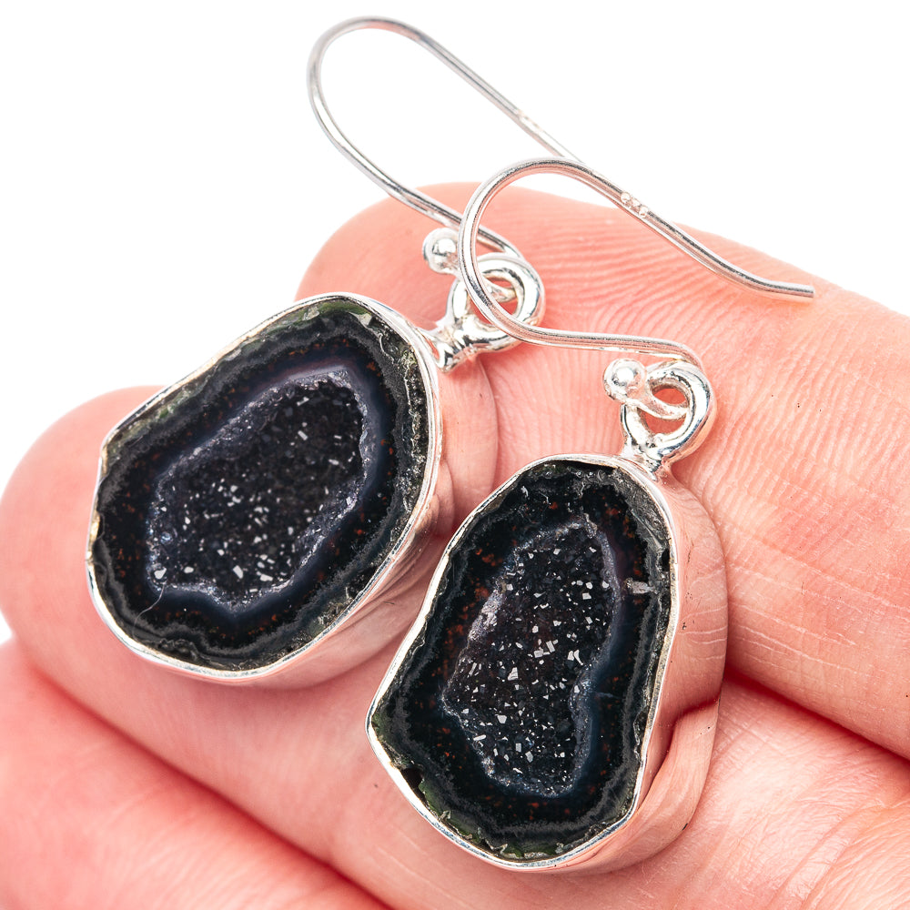 Premium Black Geode 925 Sterling Silver Earrings 1 3/8" (925 Sterling Silver) E1234
