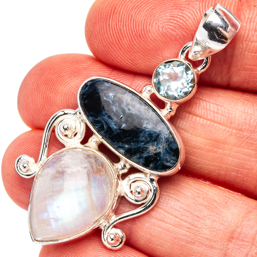 Premium Pietersite, Rainbow Moonstone, Blue Topaz Pendant 1 3/4" (.925 Sterling Silver)