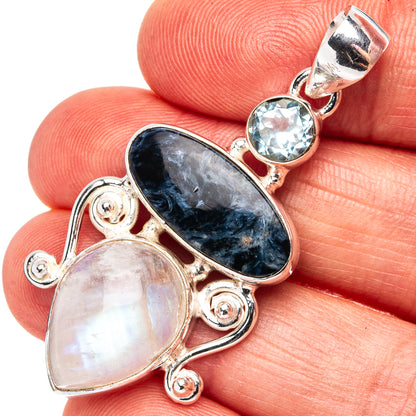 Premium Pietersite, Rainbow Moonstone, Blue Topaz Pendant 1 3/4" (.925 Sterling Silver)