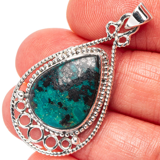 Sterling silver teardrop shattuckite pendant with turquoise stone and ornate beaded frame