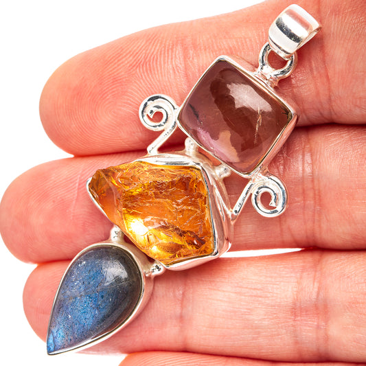 Three-stone gemstone pendant in .925 sterling silver with citrine, ametrine, labradorite
