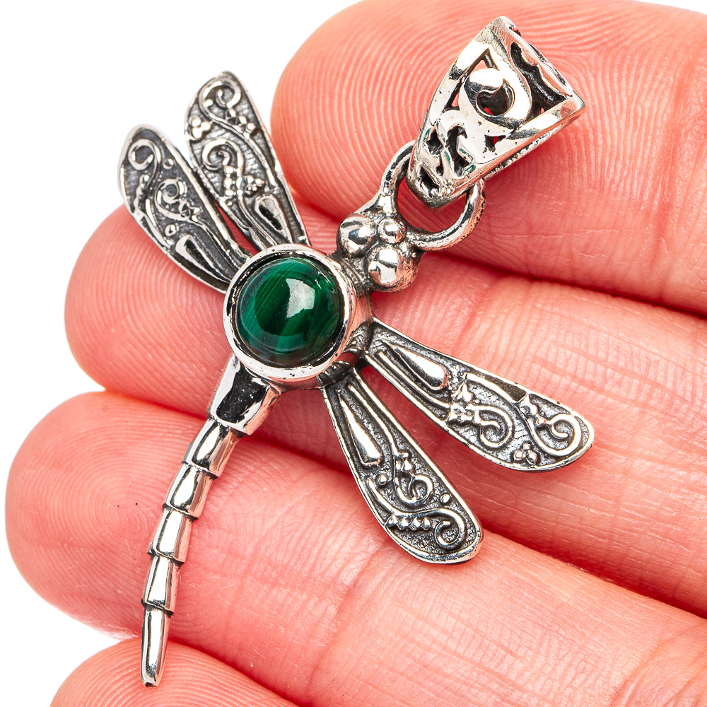Dainty Malachite Dragonfly Pendant 1 5/8" (925 Sterling Silver) P45561
