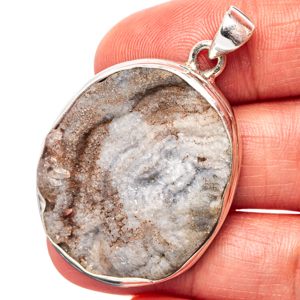 Sterling silver druzy pendant with oval desert rose stone, gray-brown sparkly texture