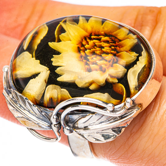 Amber Intaglio Sunflower Ring Size 6 Adjustable (925 Sterling Silver) R3815