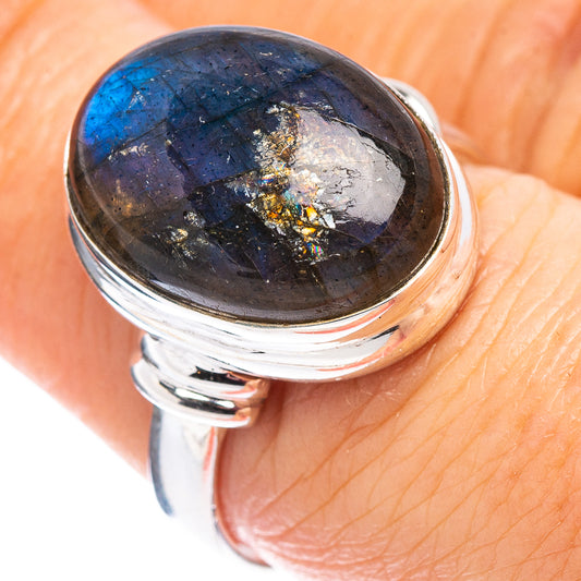 Sterling silver labradorite ring with dome blue and gold flash stone on band