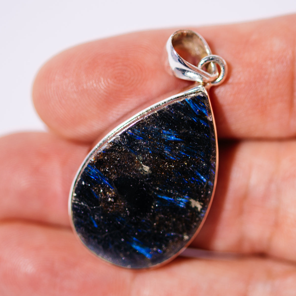 Arfvedsonite pendant with blue-black stone in a sterling silver bezel