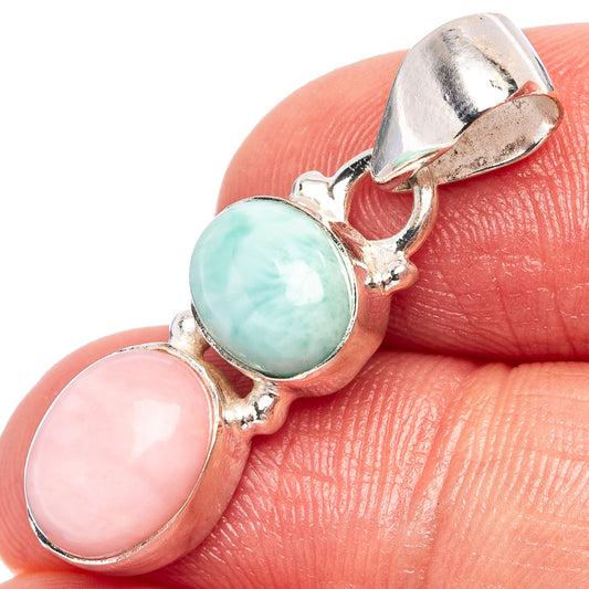 Oval larimar and pink opal pendant in .925 sterling silver with bail, close-up