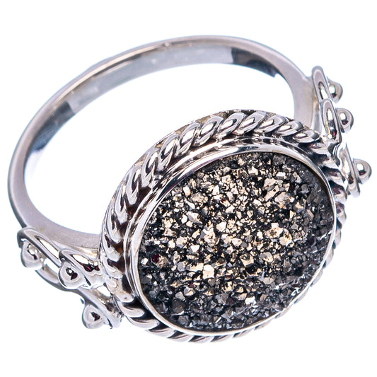Black drusy oval ring with braided silver top and ornate side settings