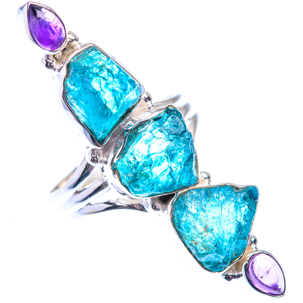 925 sterling silver ring with three rough blue gemstones and two purple amethyst drops