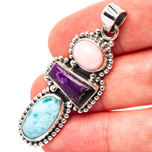 Sterling silver gemstone pendant with pink opal, purple sugilite, blue larimar cabochons