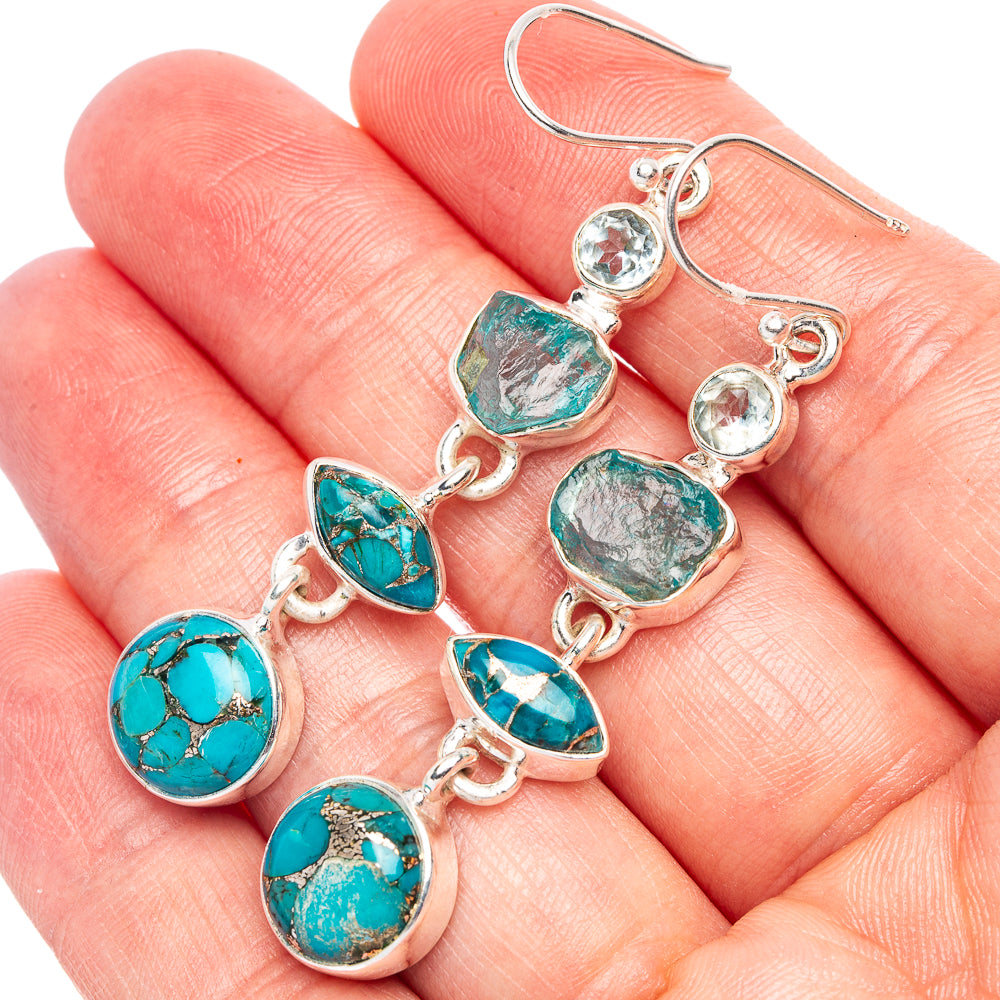 Premium Blue Copper Composite Turquoise, Apatite, Blue Topaz Earrings 2 1/4" (925 Sterling Silver) E1776