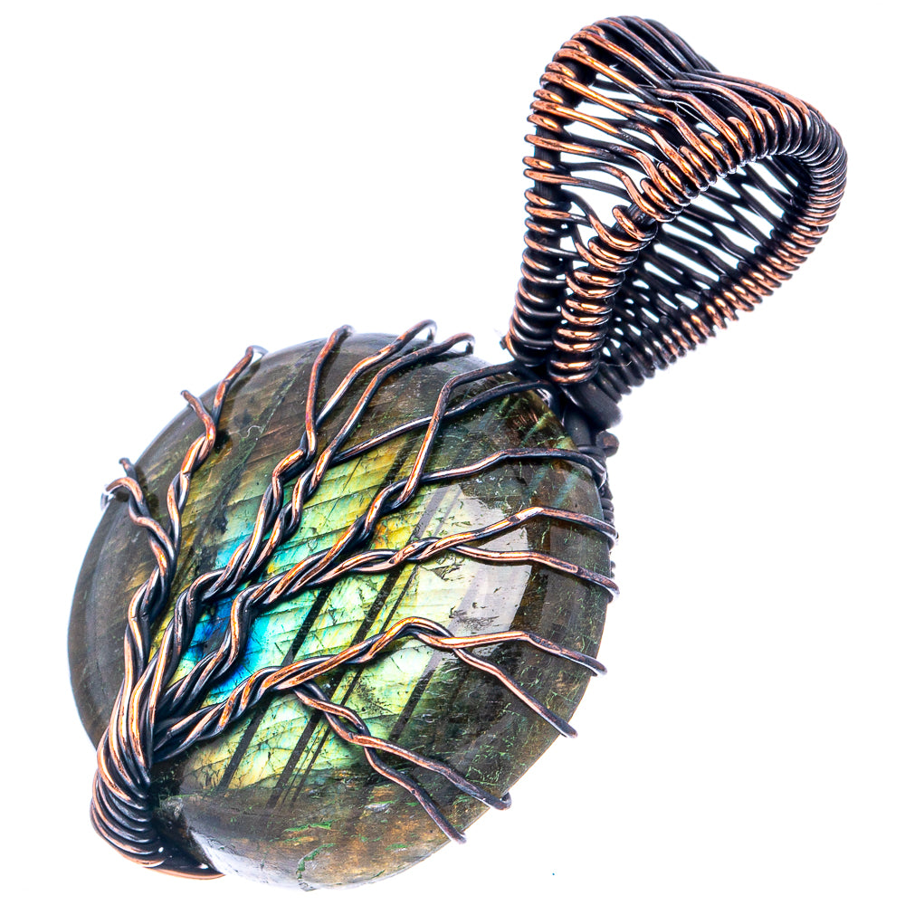 Teardrop labradorite pendant with tree-of-life wire design in oxidized copper