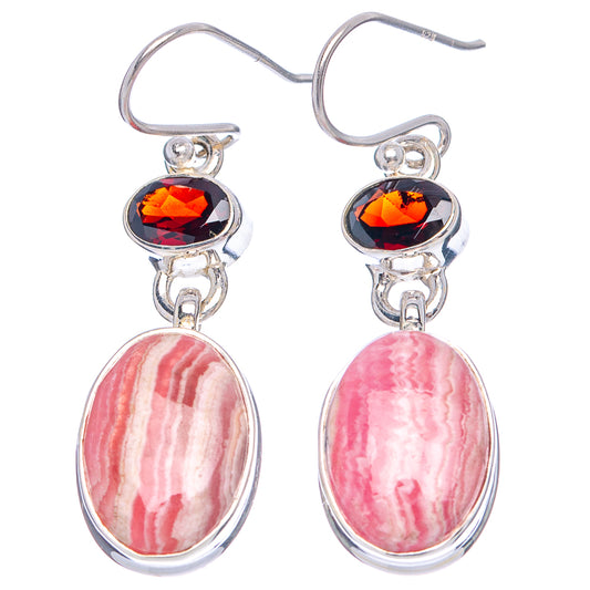 Sterling silver drop earrings with oval rhodochrosite and red-orange garnet stones