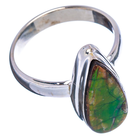 Sterling silver ring with raised teardrop ammolite gemstone in green iridescence