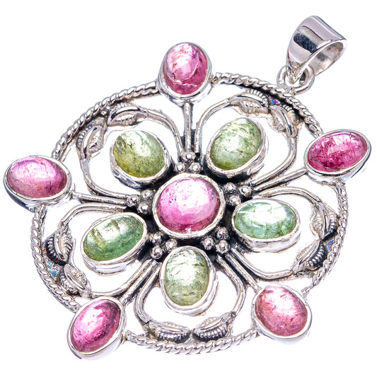 Sterling silver tourmaline-style pendant with pink and green stones, round filigree