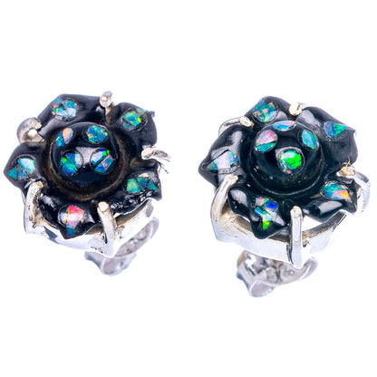 Rare Opal Black Onyx Flower Earrings 1/2" (925 Sterling Silver) E1116