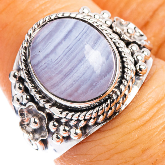 Oval blue lace agate ring in .925 sterling silver with ornate filigree setting