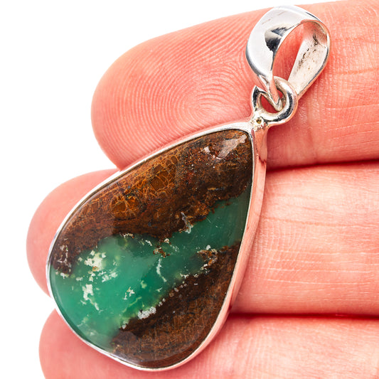 Teardrop sterling silver pendant with green chrysoprase in brown matrix