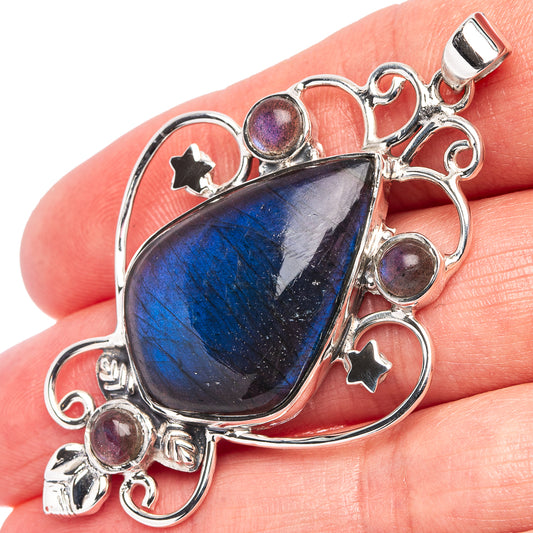 Labradorite pendant .925 sterling silver with blue teardrop stone and purple round accents