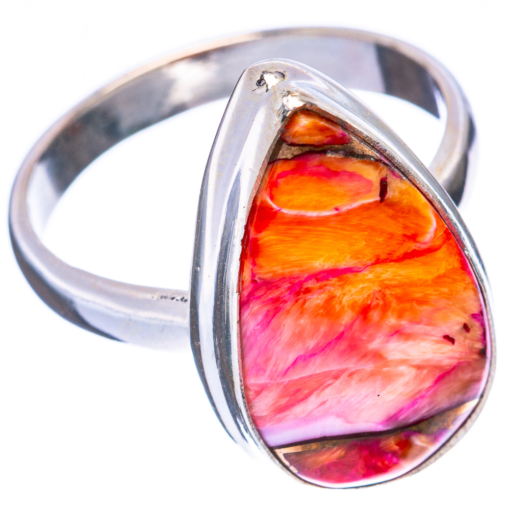Teardrop pink-orange cabochon sterling silver ring, front bezel close-up