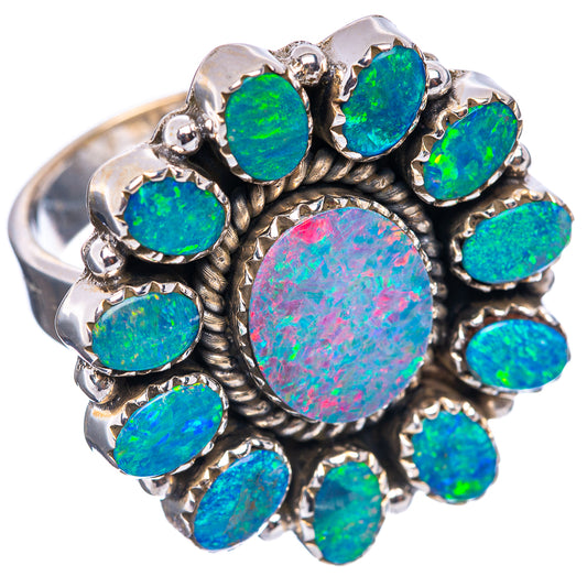 Opal doublet ring in .925 sterling silver, large round blue opal center and halos